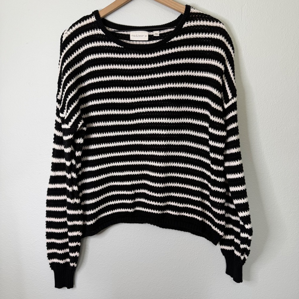 Mia & Tess - 100% Cotton Open Weave Striped Sweater Black & White Size Medium